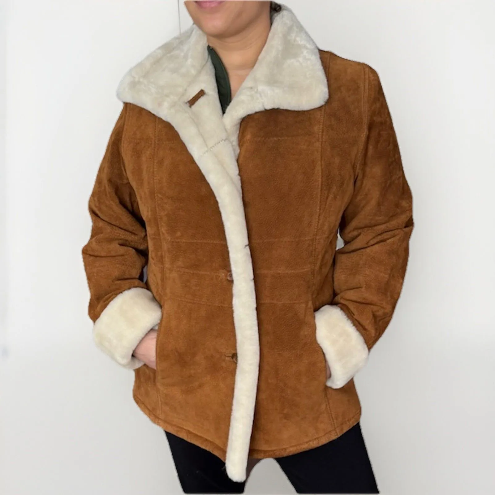 Gallery Womens Large Brown Suede Sherpa Lined Jacket Shearling Style Coat - Image 10