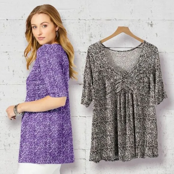 | Pleated Tunic Elbow Length Sleeves Stretchy Gray Abstract 12 - Image 2