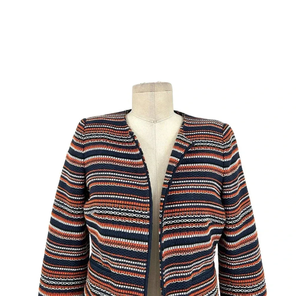 Hobbs London Navy Blue Orange Striped Tweed Open Blazer‎ Size US 4 - Image 2