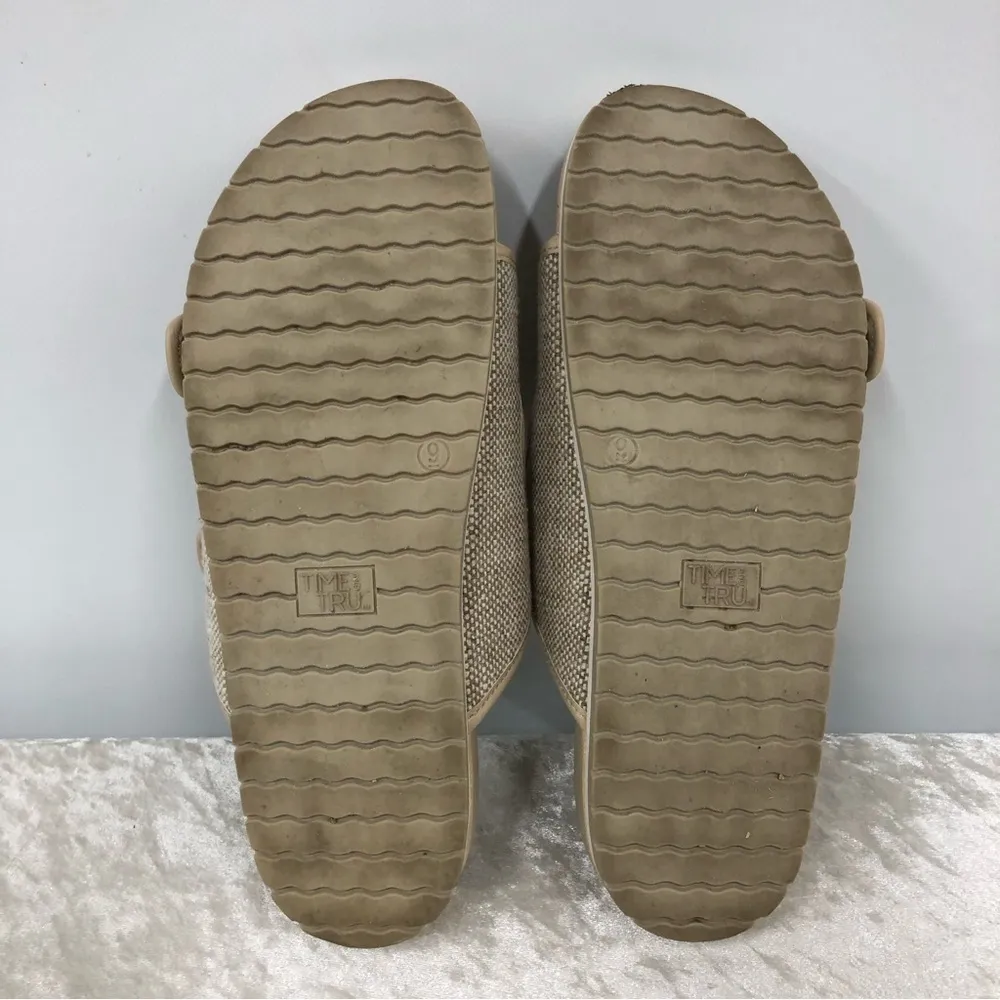 Time & Tru womens canvas size 9 beige & brown double strap slide on sandals - Image 6
