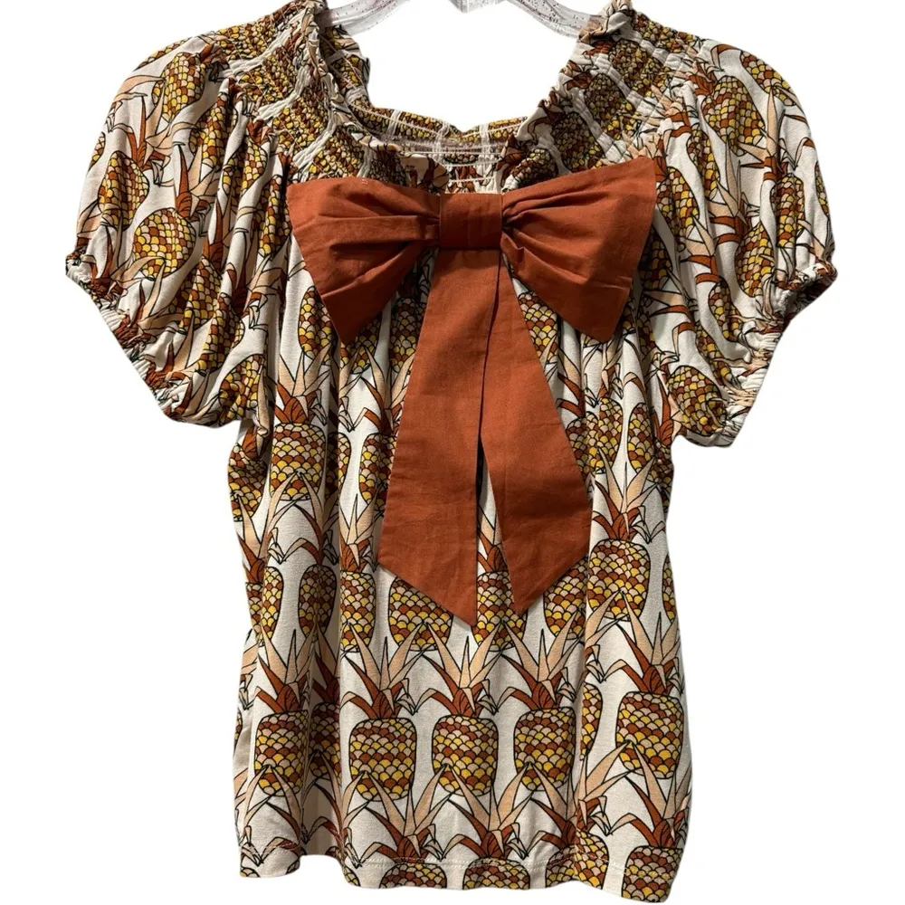 Anthropologie Porridge Viral Pineapple Bow Back Off the Shoulder Top Shirt Small - Image 4
