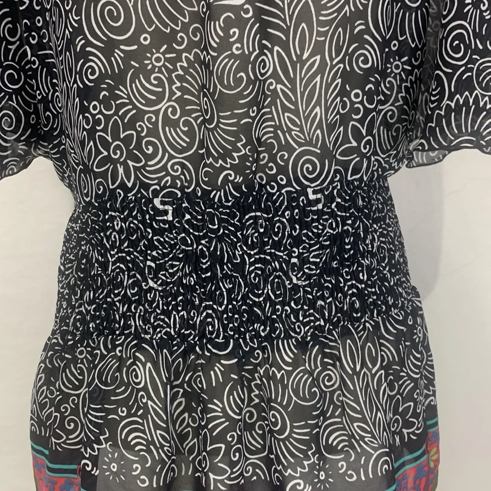 Sheer Black Floral Print V-Neck Peplum Top Size Large - Image 8