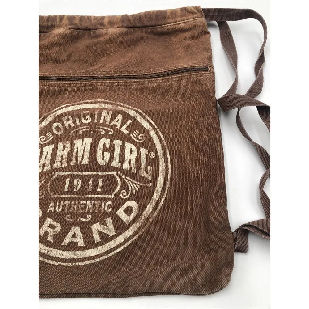 Original Farm Girl Brand Brown Drawstring Top Distressed Cotton Backpack Bag - Image 4