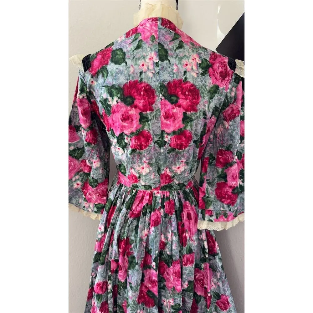 STUNNING handmade Vintage Victorian Floral Dress Sun Hat Set Handbag Womens Sz S - Image 13