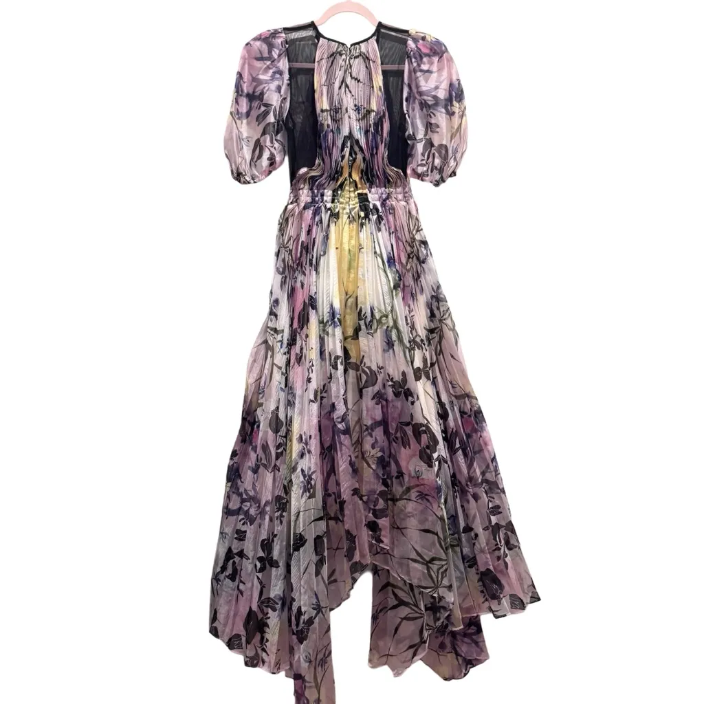 Bibhu Mohapatra Puff Shoulder Organza Midi Dress Gown Floral Graffiti Print SZ 0 Multiple - Image 7