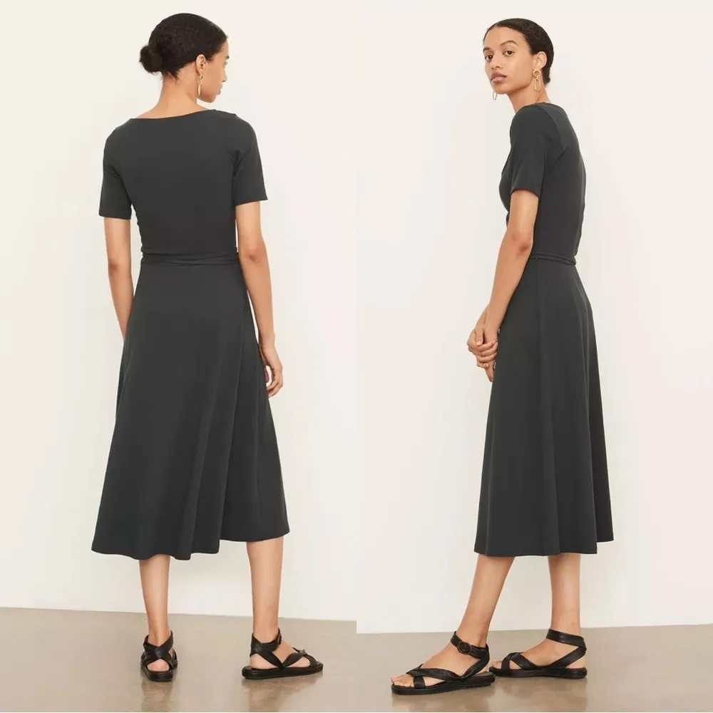 Vince • Short Sleeve Square-Neck Dress midi a-line tie waist jersey knit stretch - Image 9