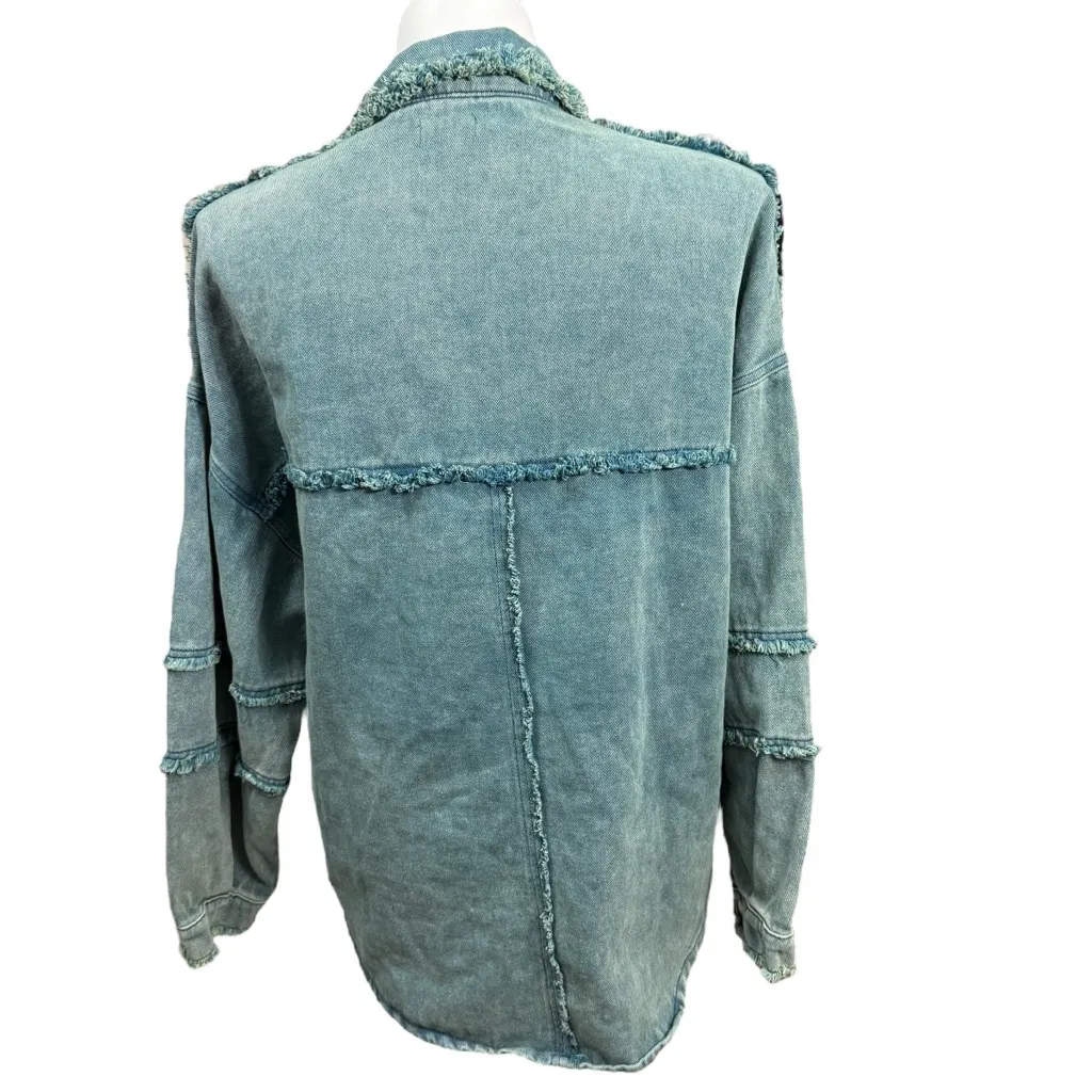 POL Frayed Denim Shacket Jacket Size L Blue Snap Front Distressed Western Style - Image 6