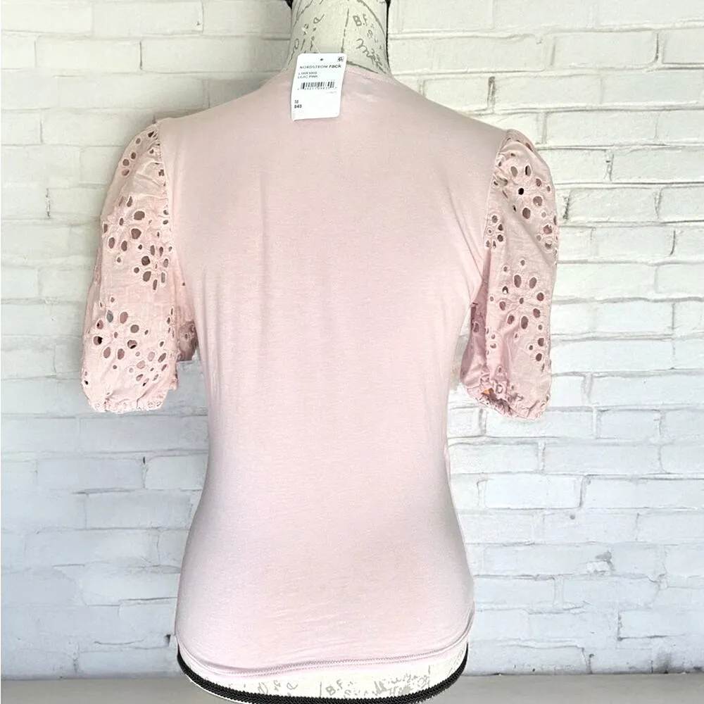 Laundry by Shelli Segal Lilac Pink Lace Puff Sleeve Faux Wrap Top NWT - Image 3