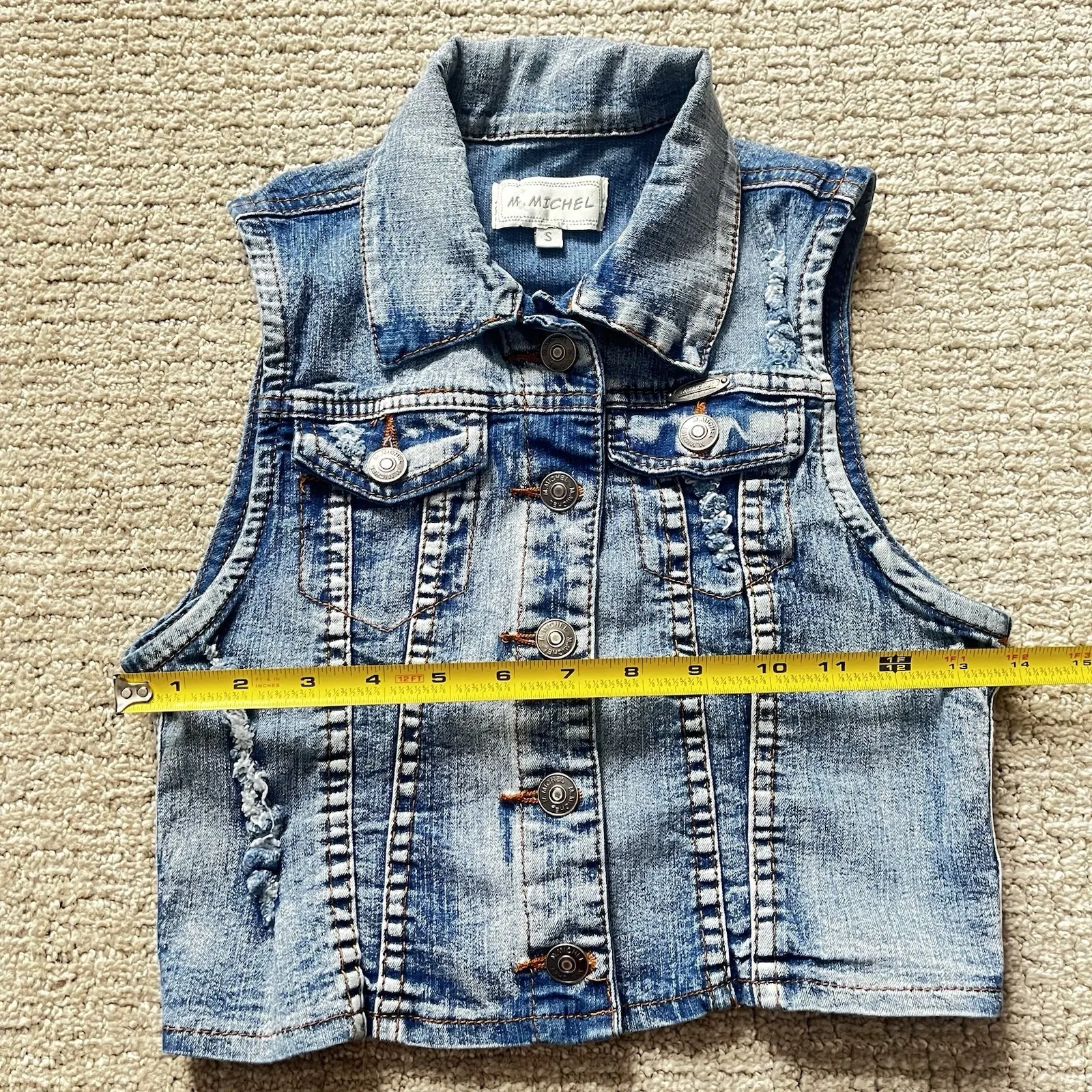 M. Michel Juniors Small Blue Sleeveless Cropped Jean Jacket Distressed Size undefined - Image 9