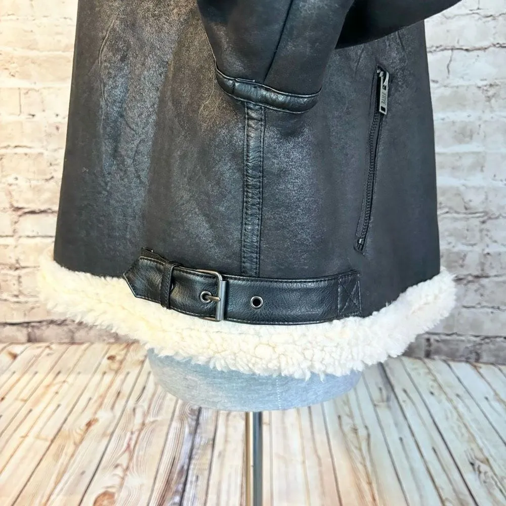 Frye Vegan Leather Faux Shearling Crop Jacket Bomber Aviator Womens Size Large - Image 5