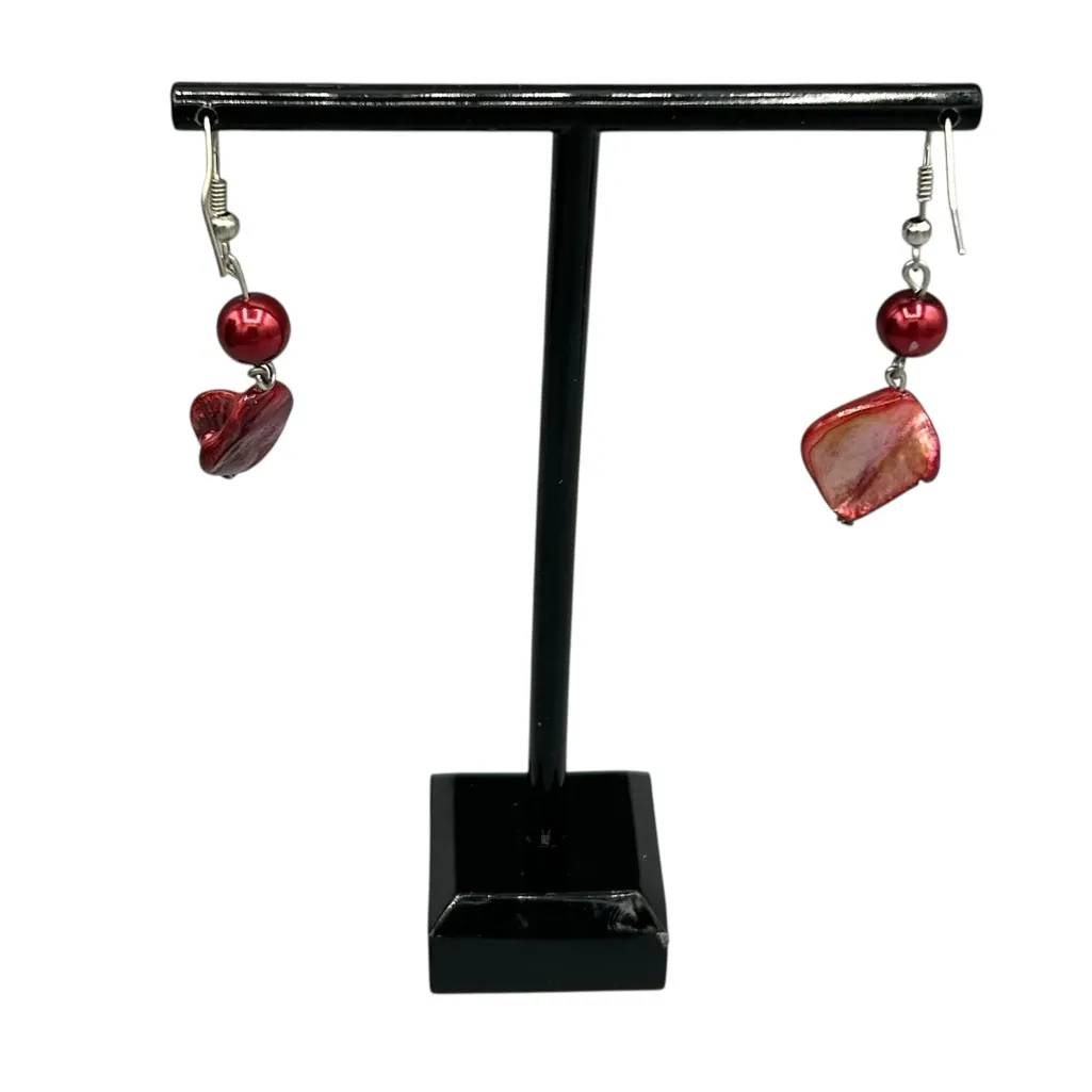 Red/Pink Shell Bead Dangle Earrings Silver Tone Pink - Image 4