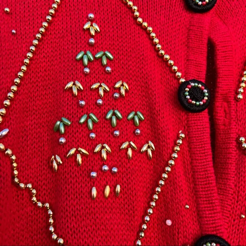 Vintage 90s Studio Joy red button down Ugly Christmas cardigan beaded trees Size 2X - Image 3