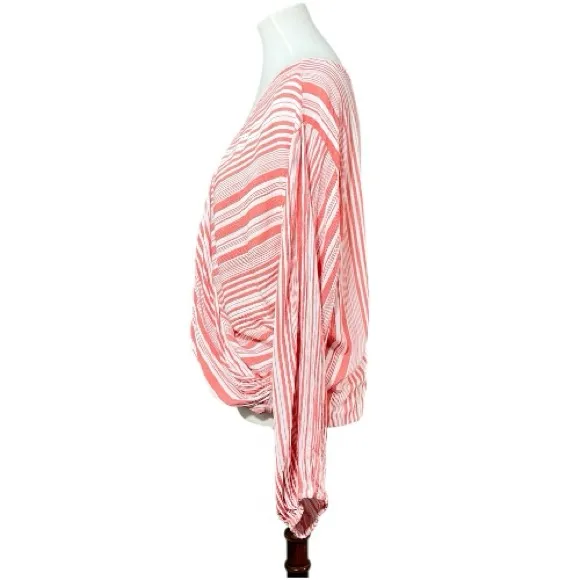 Umgee striped long puff sleeve v-neck crossbody top in coral/white size L - Image 7