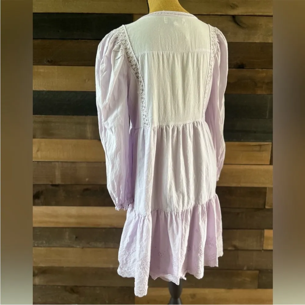 Penelope Cottagecore Rose Purple Long Sleeve Floral Eyelet Lace MIDI Dress Size L - Image 5