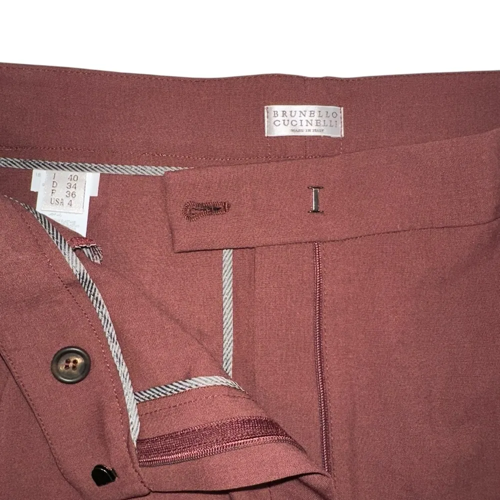 Brunello Cucinelli Wool Blend Flat Front Burgundy Tapered Dress Pants US 4 - Image 3