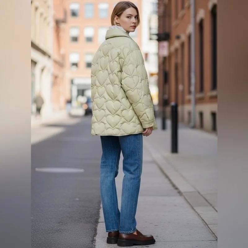 SANDRO Light Sage Gloriana Heart Quilted Puffer Button Up Jacket sz 36 FLAWED - Image 3
