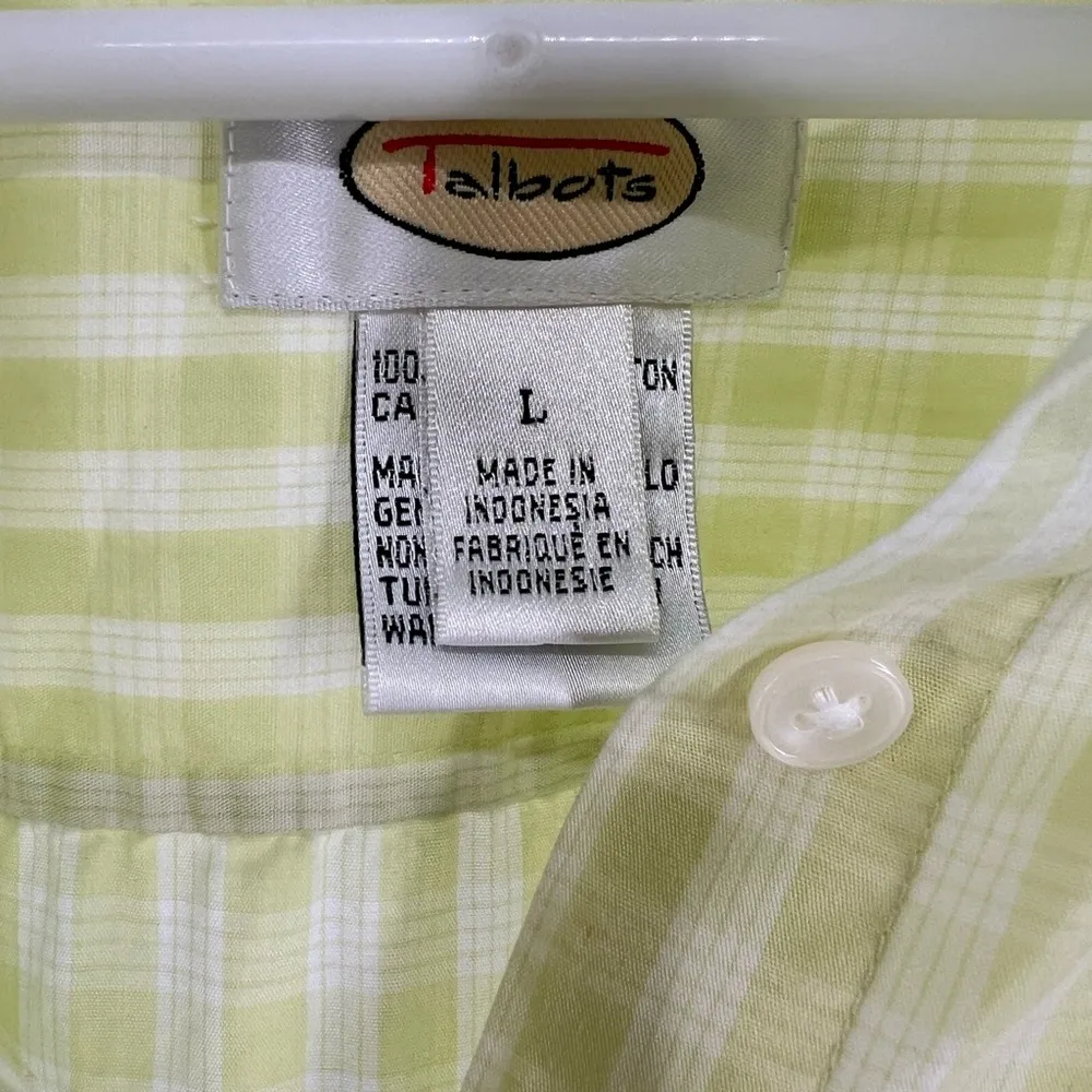 Talbots button up collarless L gingham plaid lime casual spring work neon office - Image 6