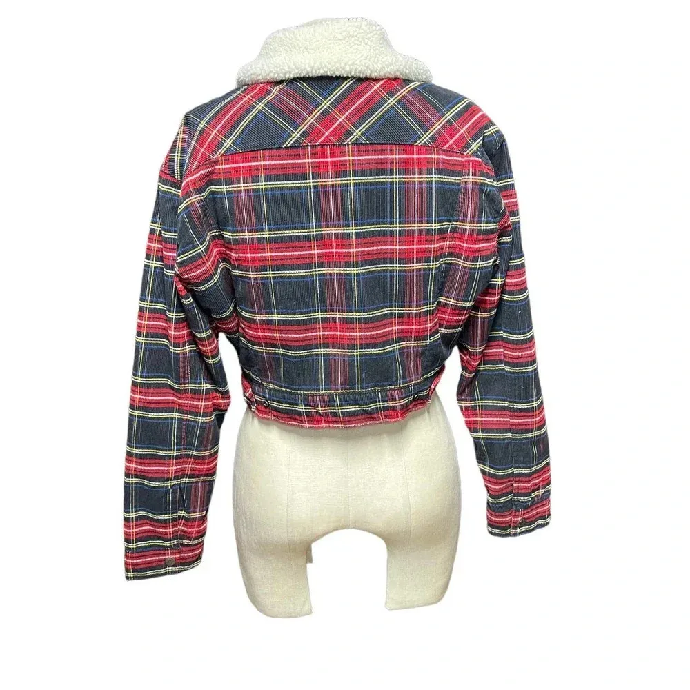Levi's Ex-Boyfriend Tartan Plaid Corduroy Cropped Sherpa Jacket‎ Size Small - Image 8