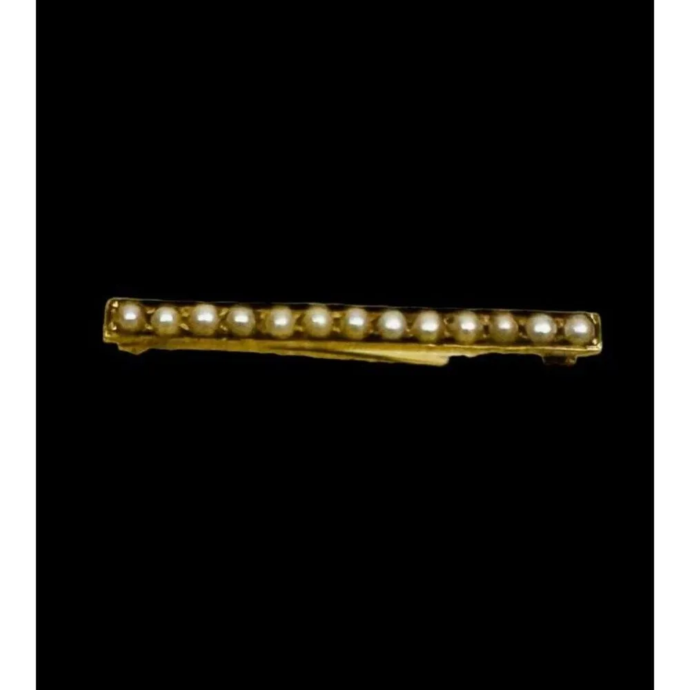 Vintage 14K Yellow‎ Gold Art Deco Seed Pearl Bar Pin Brooch Makers Mark 1 1/4" - Image 7