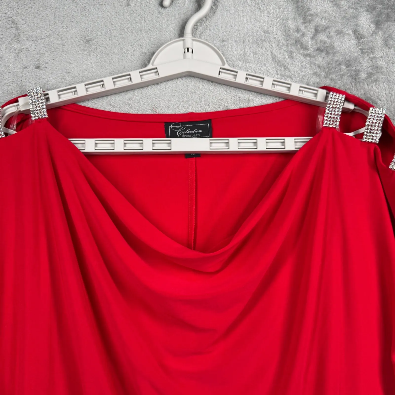 Dressbarn Blouse XL Red Rhinestone Cold Shoulder Cowl Neck Drape Top Shimmer - Image 5