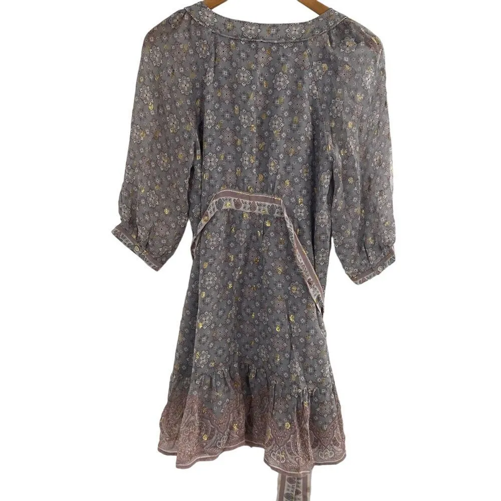 Warehouse Boho Peasant Mini‎ Dress Size 6 Pink Gray Paisley Silk Puff Sleeves - Image 9