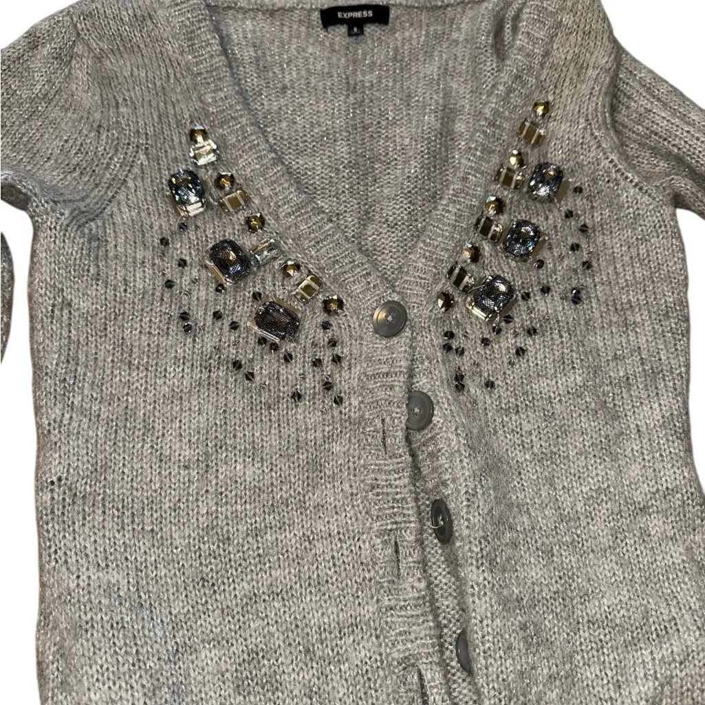 Express Light Gray Embellished Cardigan - Image 3