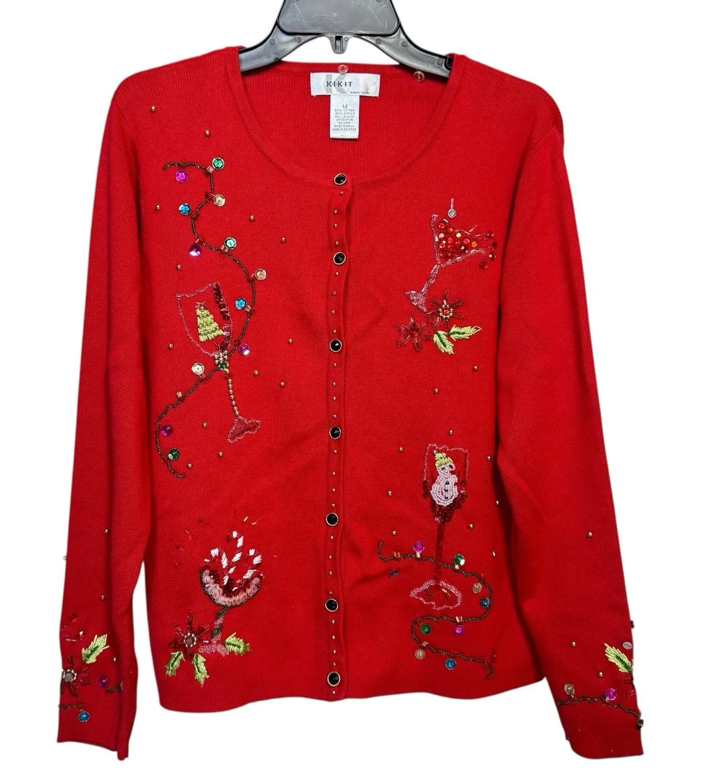 KIKIT Christmas Cardigan Size M Red Beaded Sequins Flower Martini Snowman Lights Size M - Image 1