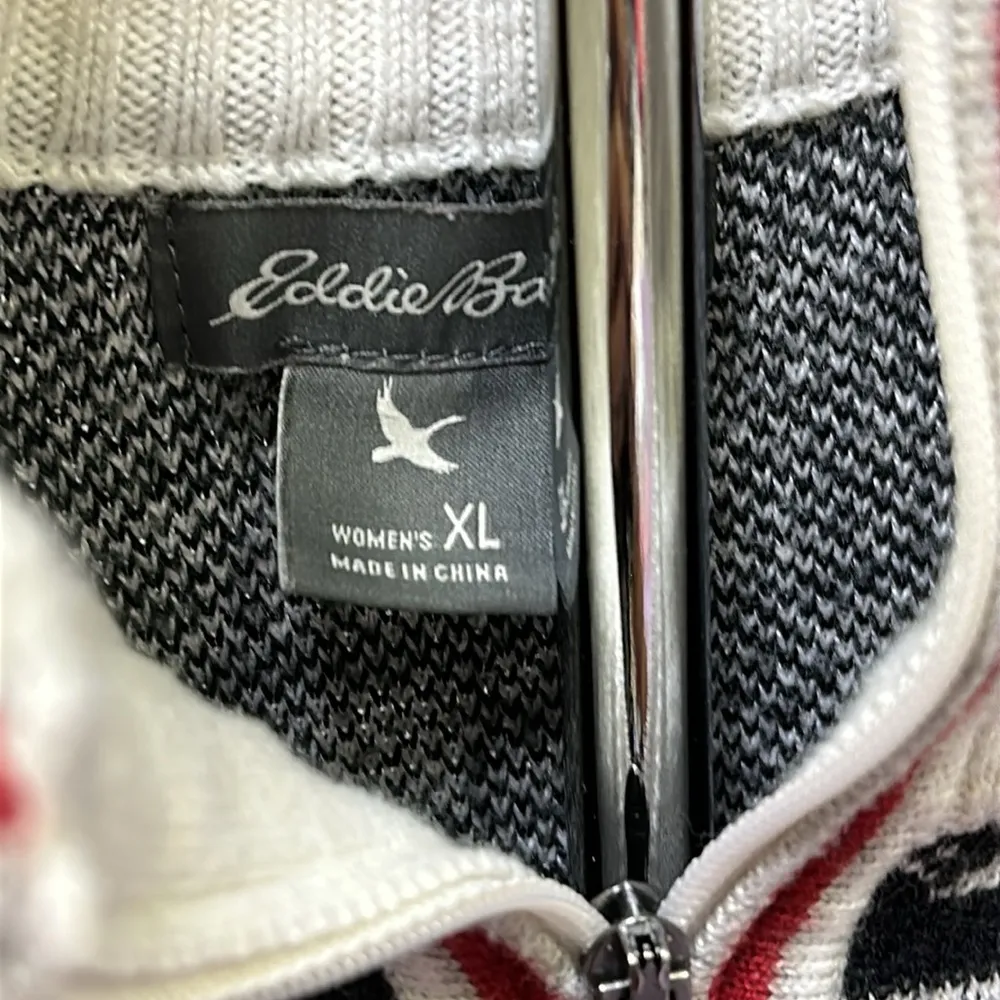 Eddie Bauer Nordic Print Quarter Zip Black Cream White and Red Sweater Womens XL - Image 6