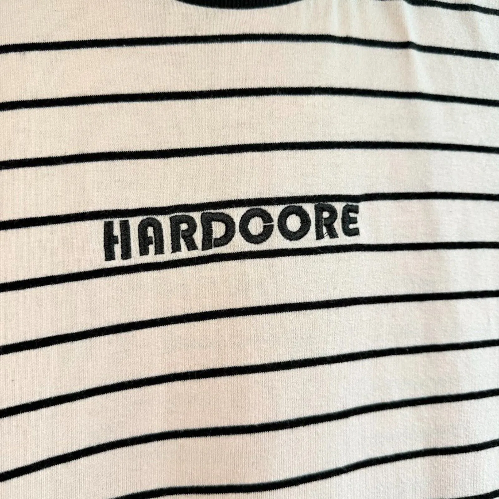 'Hardcore' Embroidered Oversized Cotton Tee Shirt in Pink & Black Stripe size S - Image 3