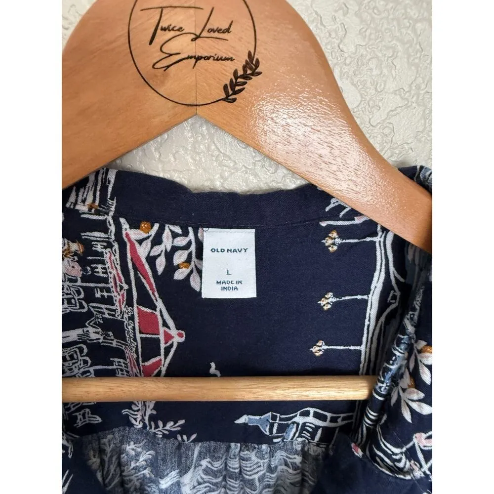 Old Navy Novelty Print Shirt Dress Large Scenic Village Print Navy - Image 2