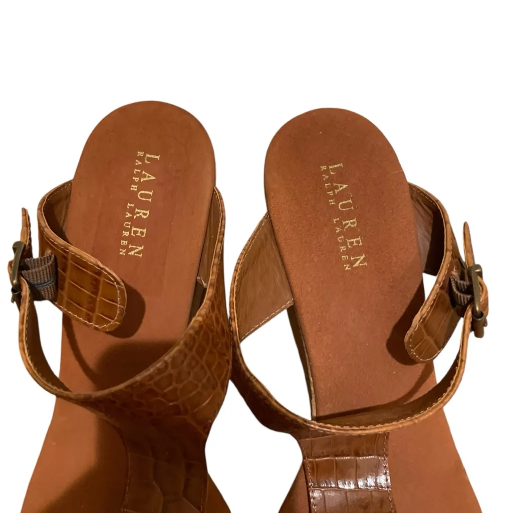 Lauren Ralph Lauren Ayva Polo Tan Embossed Croc Wedge Sandals Womens Size 11 - Image 5