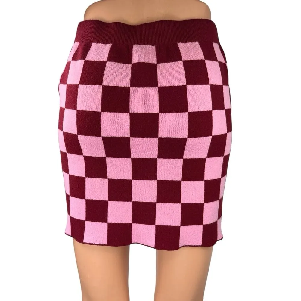 Forever 21 Maroon Pink Checkered Plaid Knitted Mini Pencil Bodycon Skirt Size M - Image 3