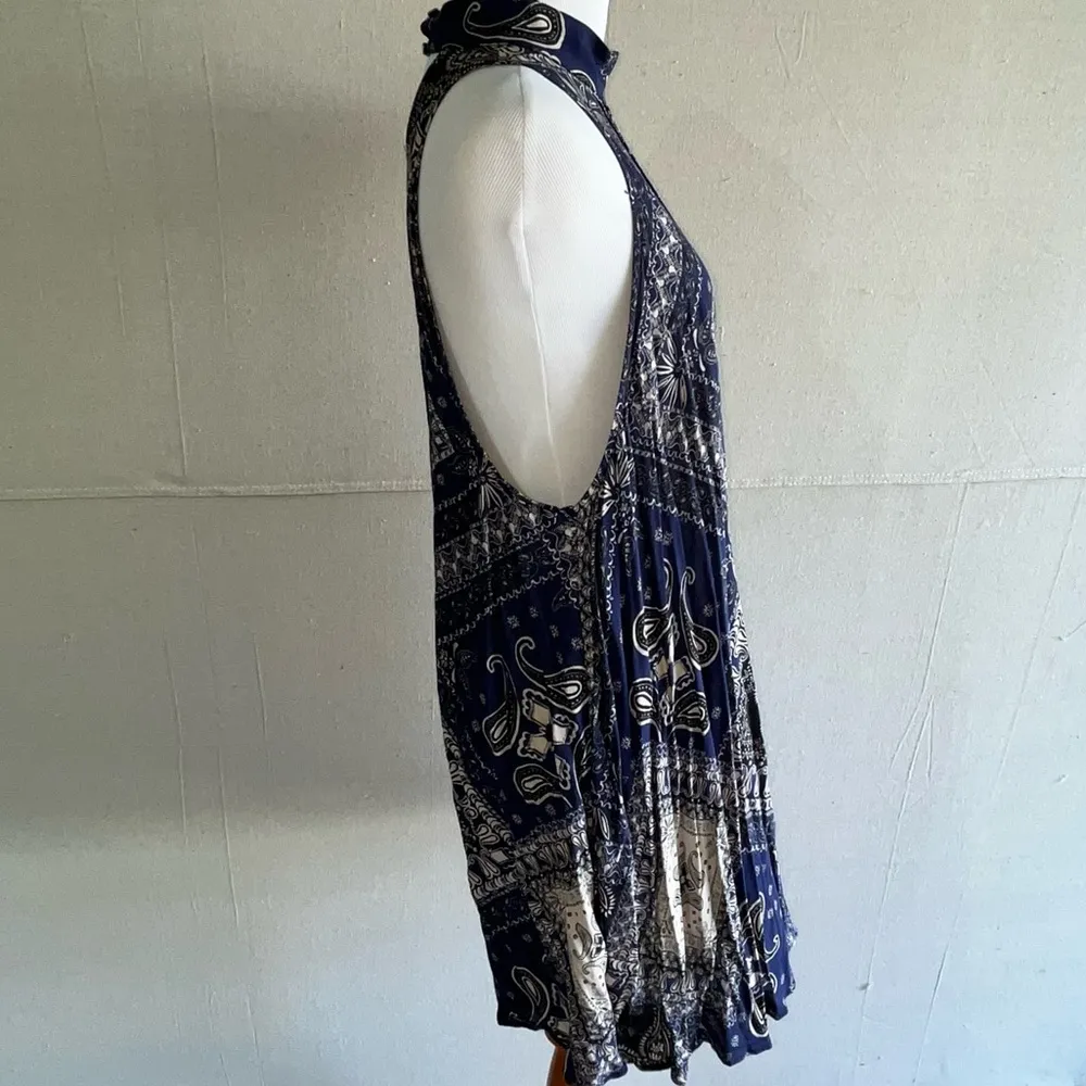 Beaux Halter Mini Dress Paisley High Neck L Navy boho - Image 6