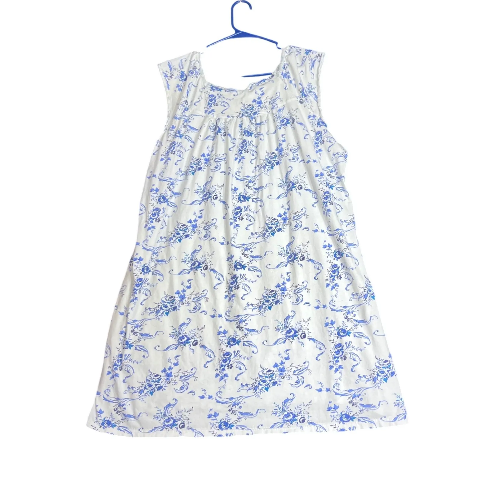 Pink Label Sleeveless Nightgown Womens XL Blue Floral Lace Trim Button Front White - Image 3