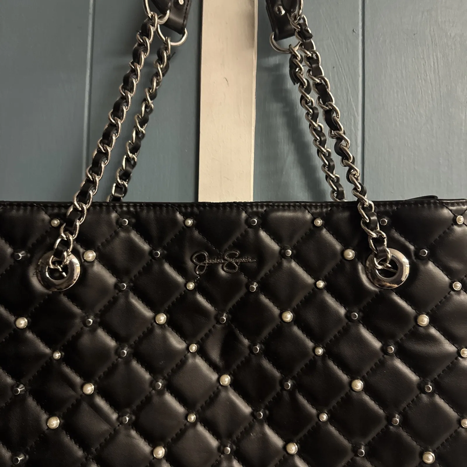 Jessica Simpson Women's Black Tote Shoulder Bag - 18" W x 13" H Purse Pearl Stud - Image 3