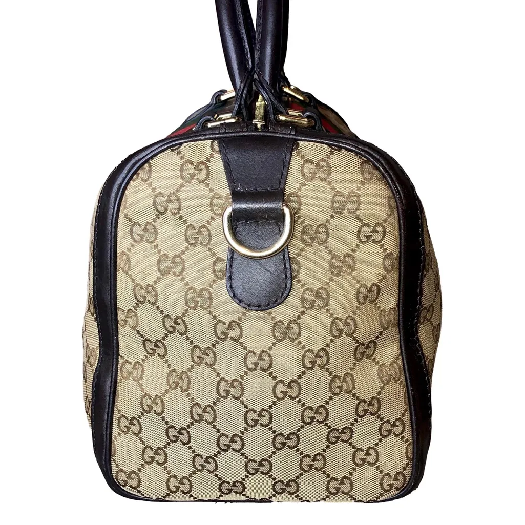 GUCCI GG Beige and Brown Boston Duffel Bag with Red and Green Sherryline Stripes - Image 6