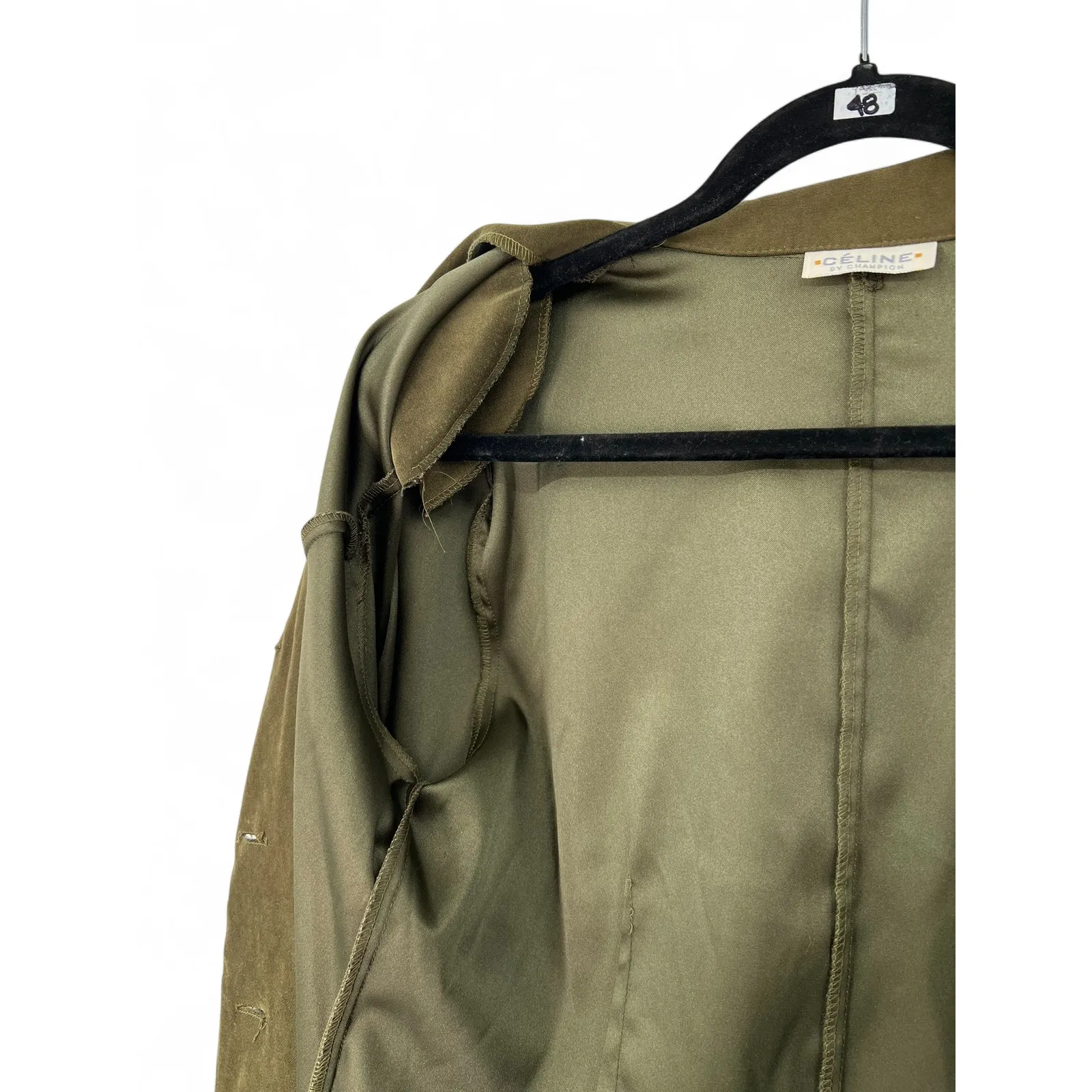 Vintage Celine | M | Blazer Jacket Micro Suede Womens Thigh Length Olive Green - Image 4