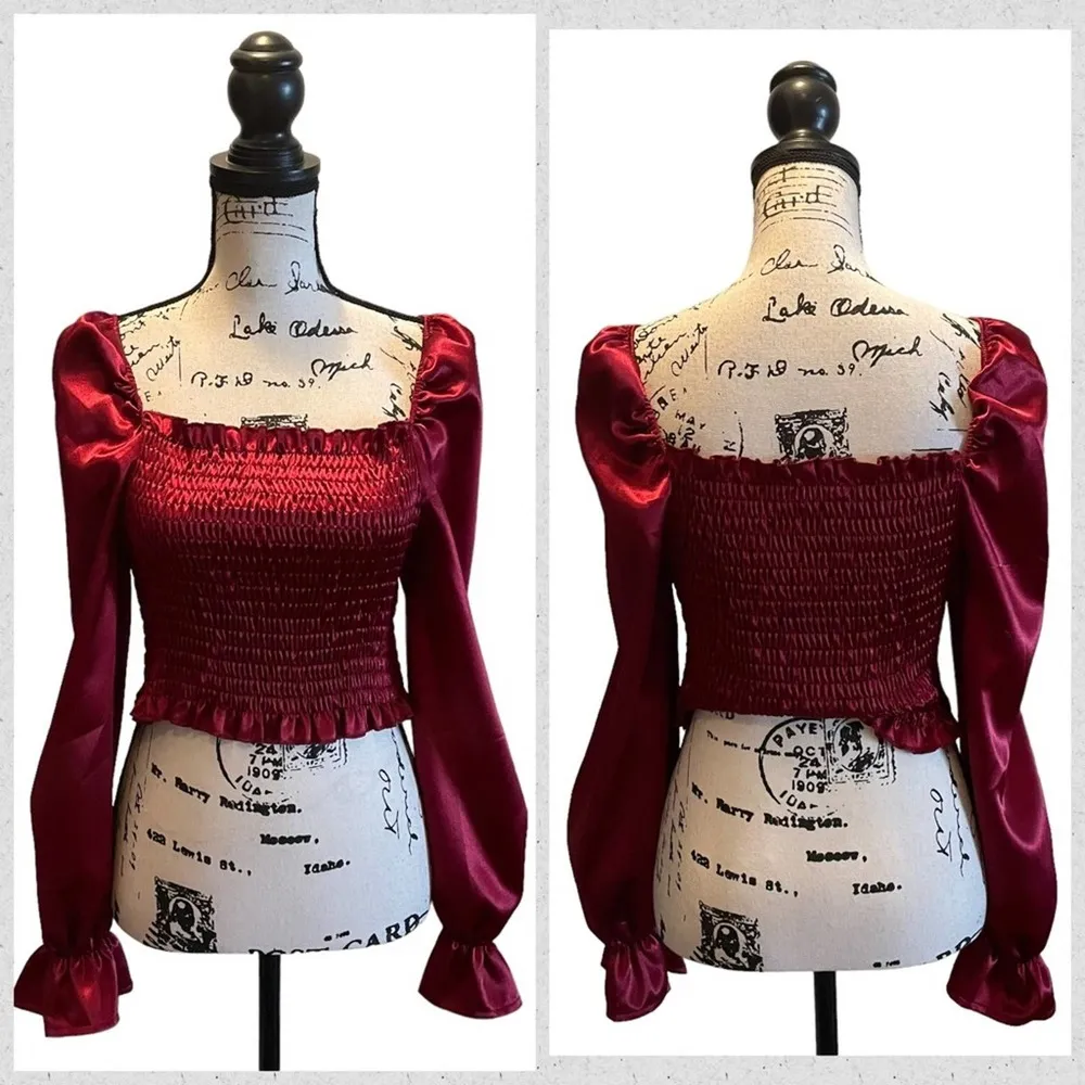 Shein Satin Peasant Crop Top Red Small Stretch Shirred Shiny Puffy Sleeve - Image 9