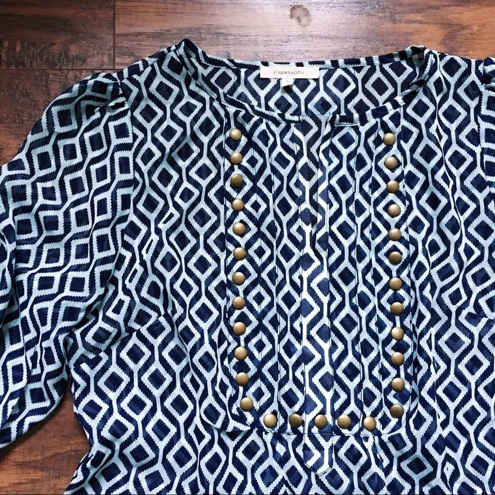 41 Hawthorn • Stitch Fix Moni tunic blouse sheer turquoise navy geo print Blue - Image 5