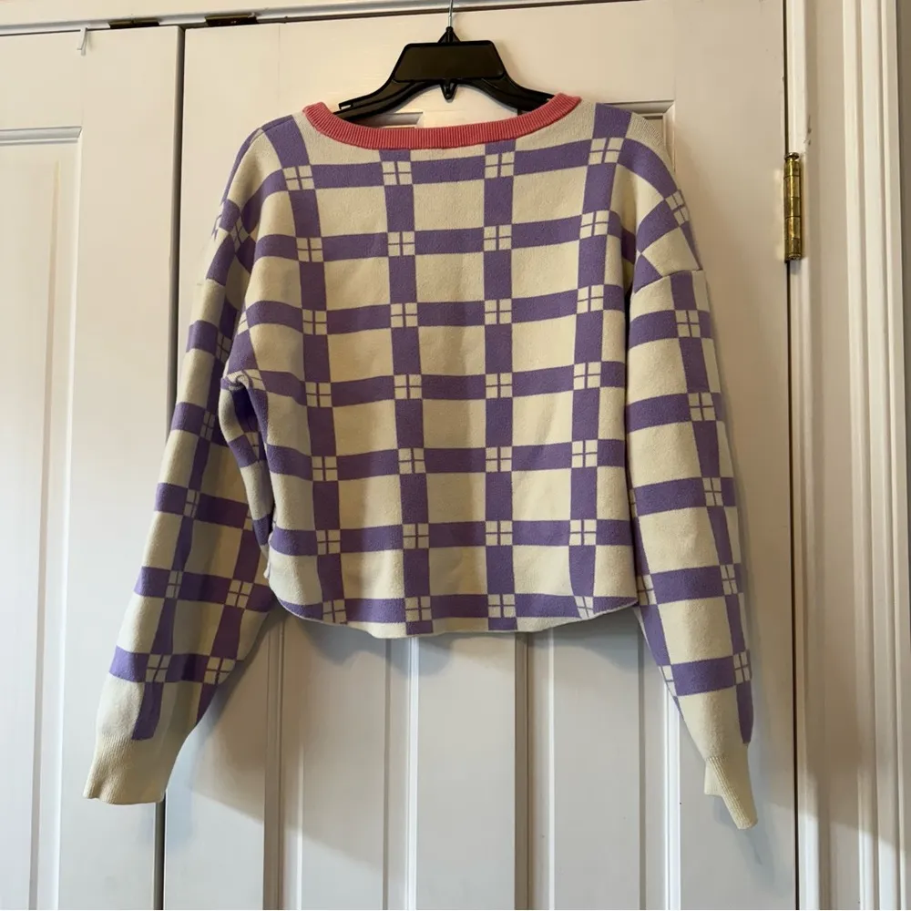 Anthropologie Daily Practice Plaid Purple & White Long-Sleeve Cropped Sweater M - Image 5