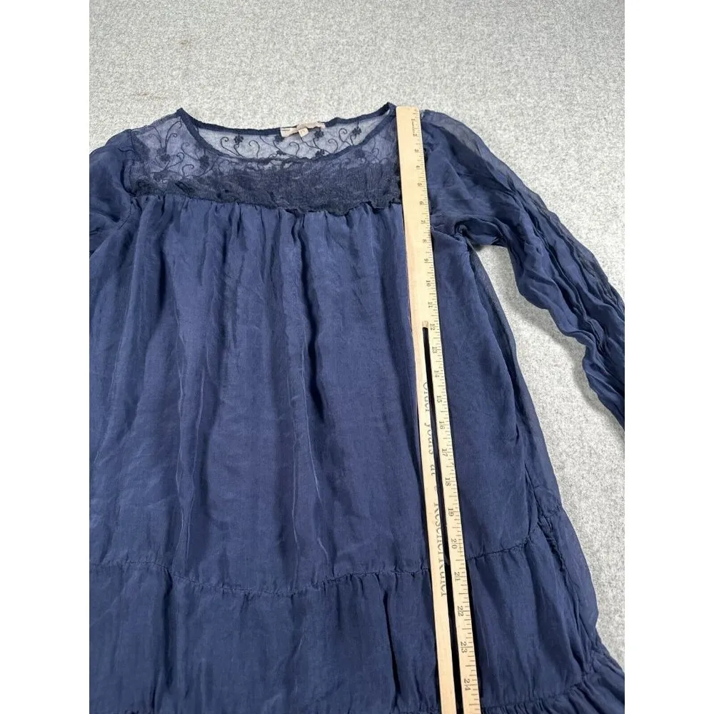 Prontomoda Giusy Medium Top Pure Silk Lace Accent Tunic Blouse Blue Lightweight - Image 14