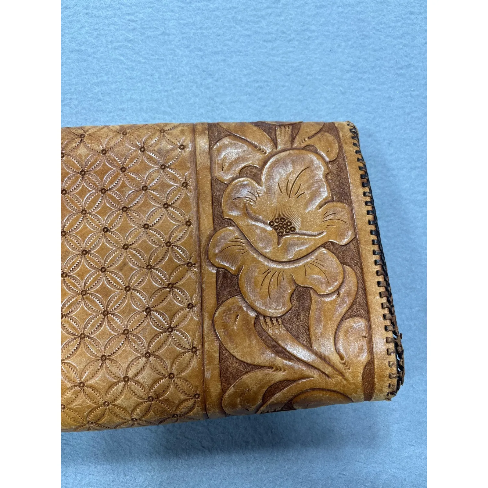 Vintage Tooled Leather Clutch Purse Floral Design Southwestern Boho Embossed Brown - Image 12
