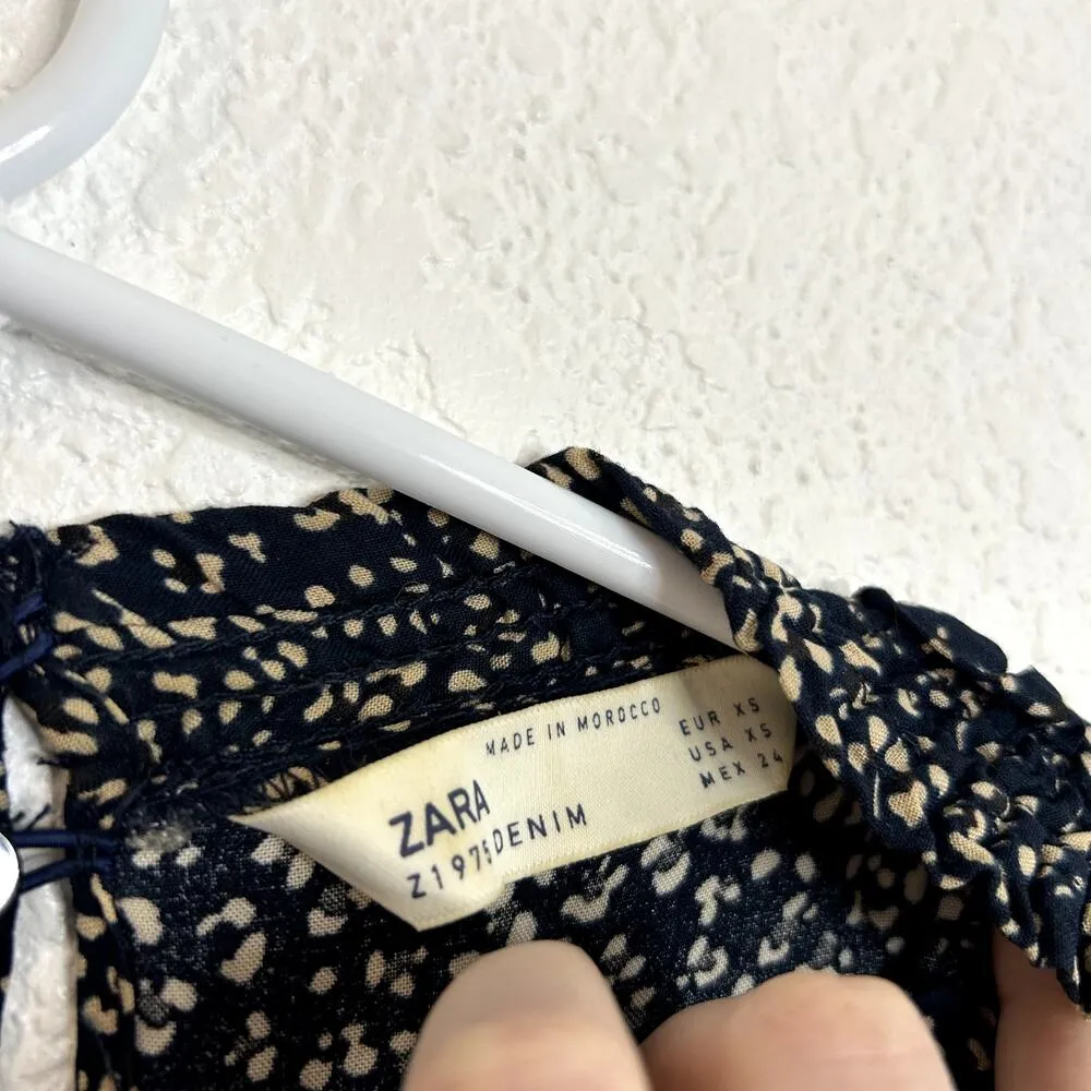 Zara Printed Dress Long Sleeve Ruffle Neck Womens Size XS Navy Cream - Image 3