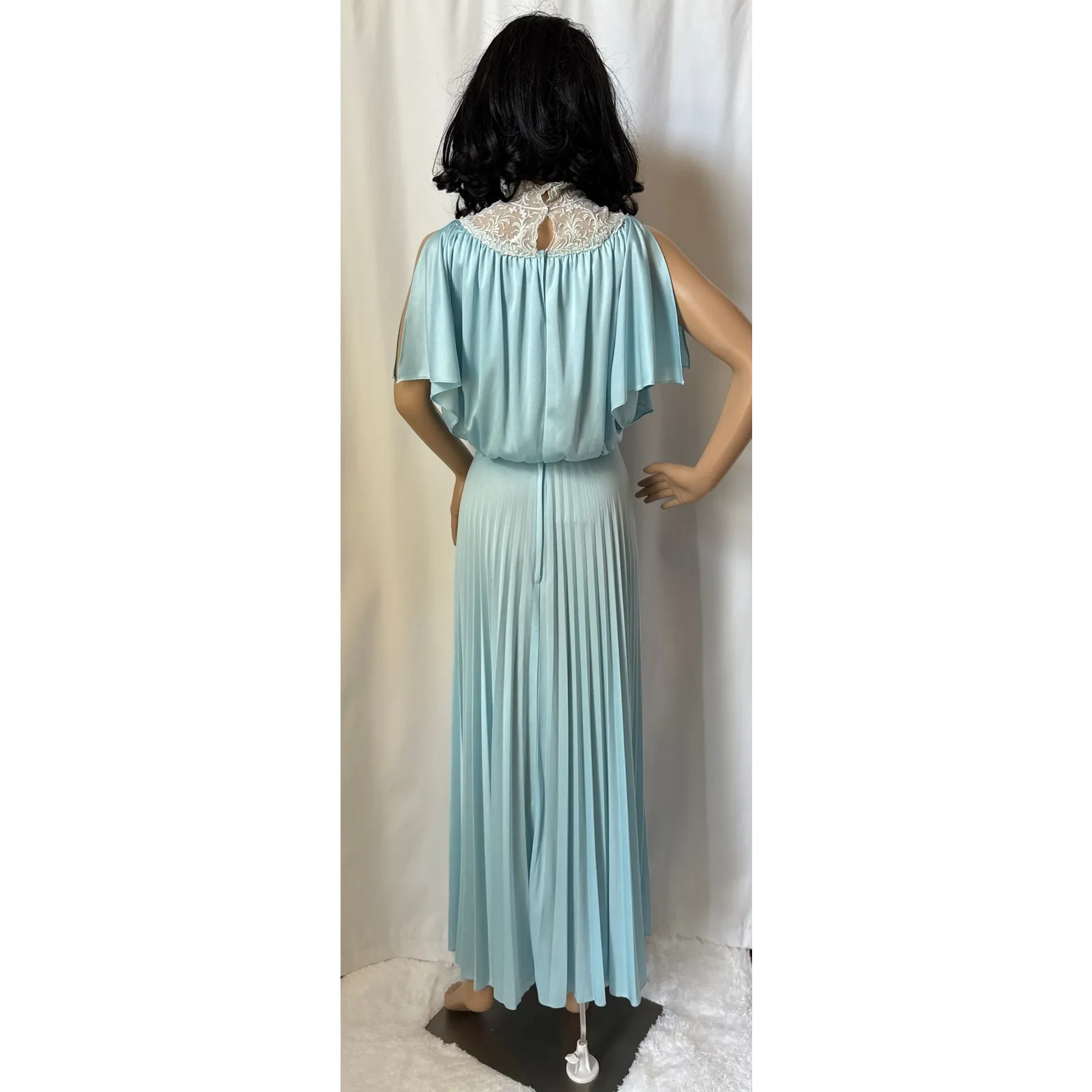 Vintage Powder Blue white Lace High Neck Flutter Sleeve Pleated Maxi Dress XS - Image 14