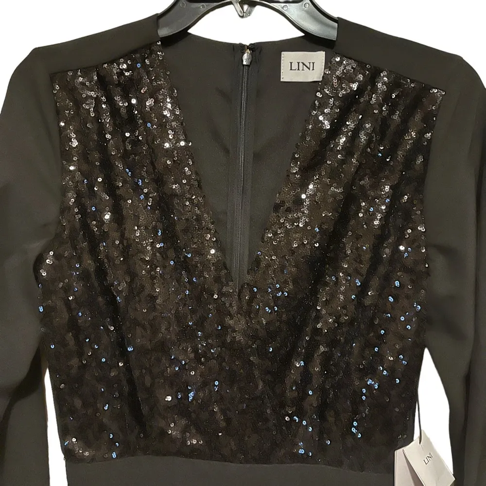 Lini NWT Stella Sequin V Neck Top Straight Leg Party Jumpsuit Black Size XS - Image 5