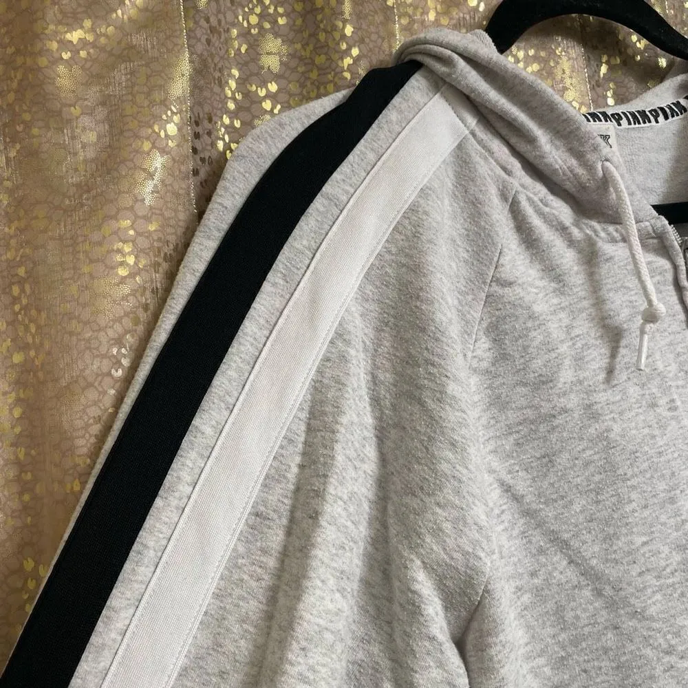 PINK Victorias Secret Gray Black White Stripe Full Zip Hoodie, L flawed - Image 5