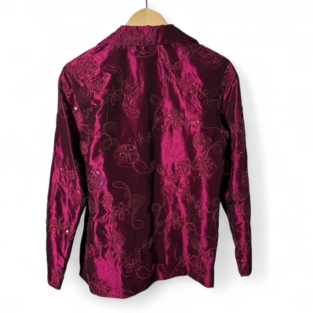 Vintage Renaissance Jacket M Fuchsia Satin Floral Embroidered Sequin Blazer Pink Size M - Image 4