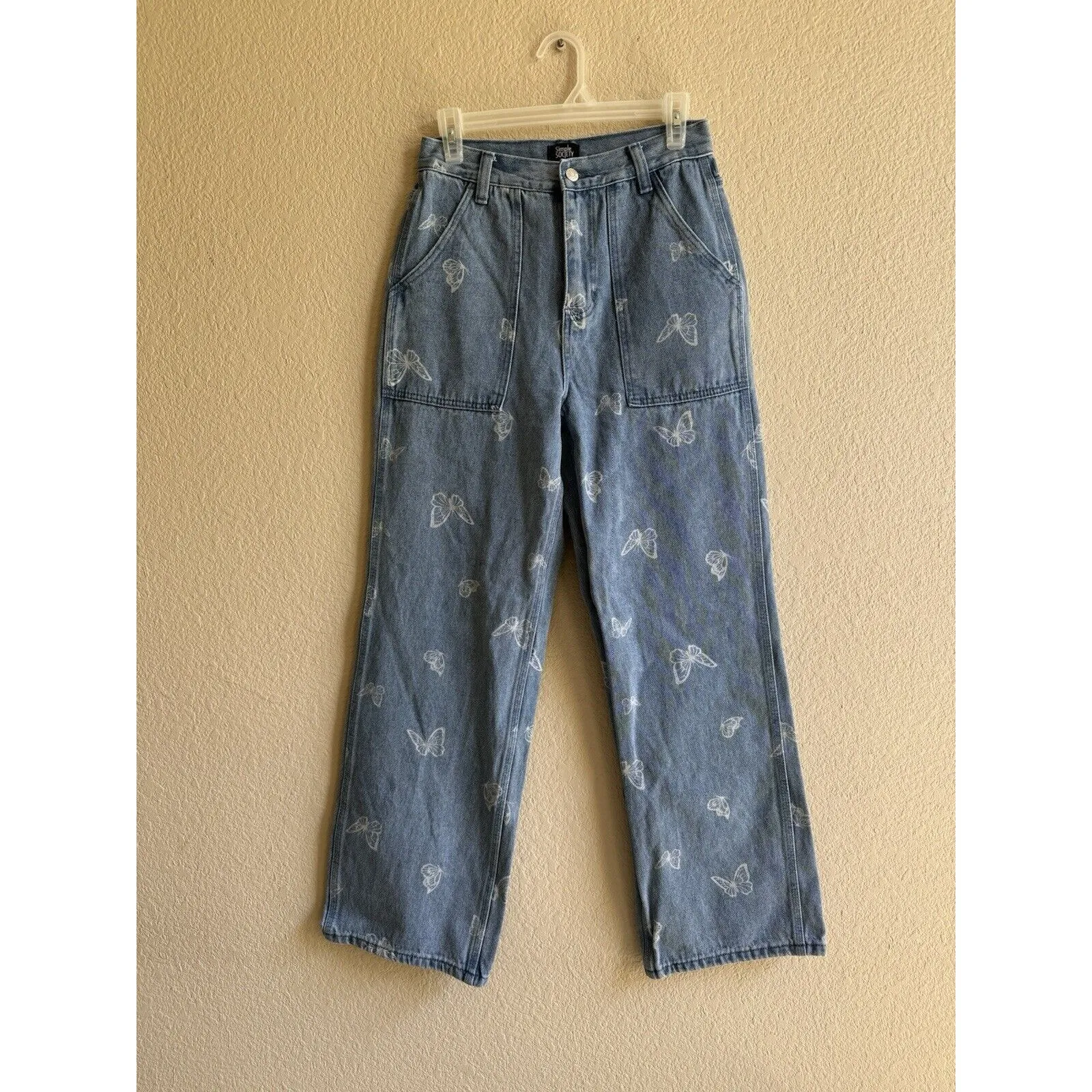 Simple‎ Society Womens 5/27 Super High Rise Baggy Denim Jeans Butterfly Print - Image 2
