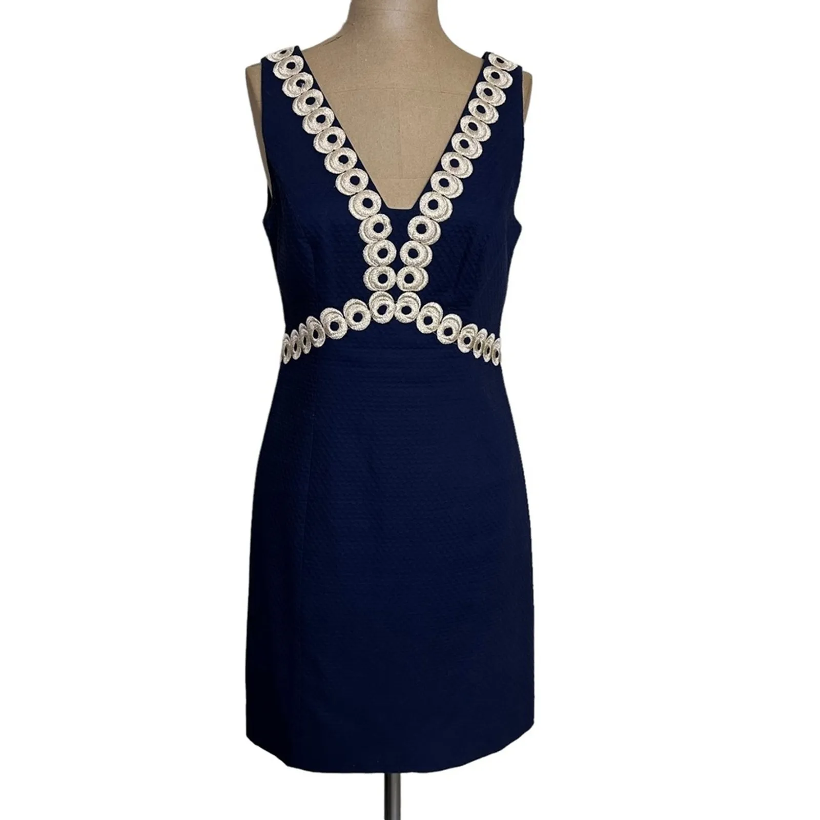 Lilly Pulitzer Mini Dress Gold Embroidered Trim Navy Blue Textured Cotton 0 - Image 3