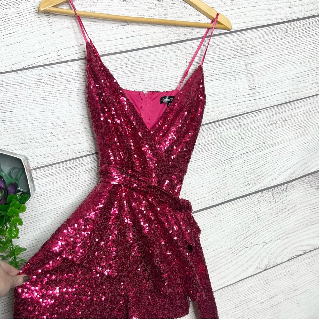 Crystal Doll Sparkling Pink Sequin Mini Romper Size XS Glam Valentine’s Day Belt - Image 5